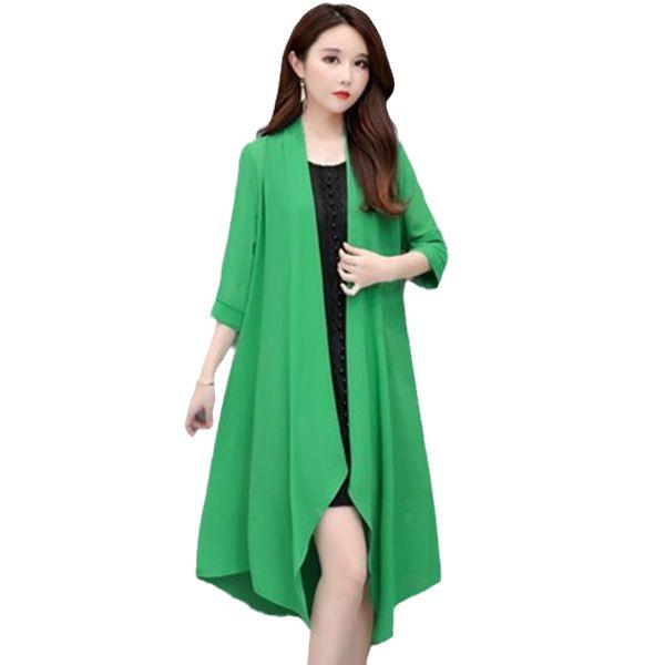 Women's Plus Size Chiffon Cardigan Trench Coat: Mid-Length, Versatile Spring/Summer Shawl for Middle-Aged & Elderly with Sun Protection.