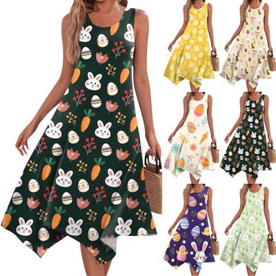 Women's Casual Fashion Round Neck Sleeveless Print Irregular Hem Midi Dress