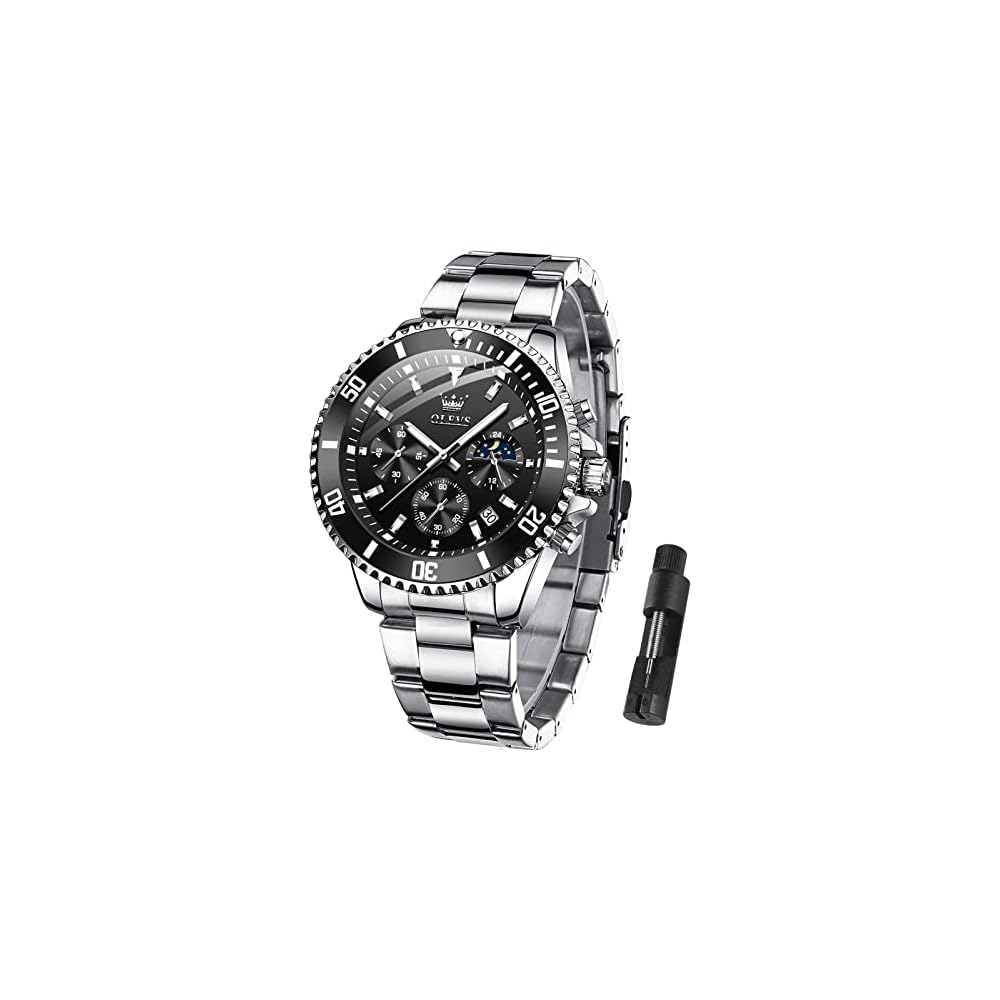 OLEVS Men s Big Dial Stainless Steel Watch Analog Quartz Waterproof Classic Business Watch Silver Black Dial 2870