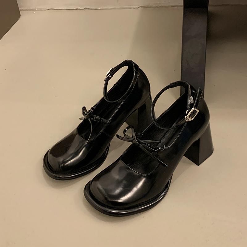 Autumn New Coarse Heel Single Shoes Women's Square Head Shallow Mouth Butterfly Knot Anti-slip Wear-resistant High Heels
