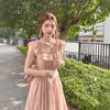 French Ruffle Leaf Edge Small Flying Sleeve Chiffon Dress Women's Spring and Summer New Korean Square Collar Temperament Pink Long Skirt