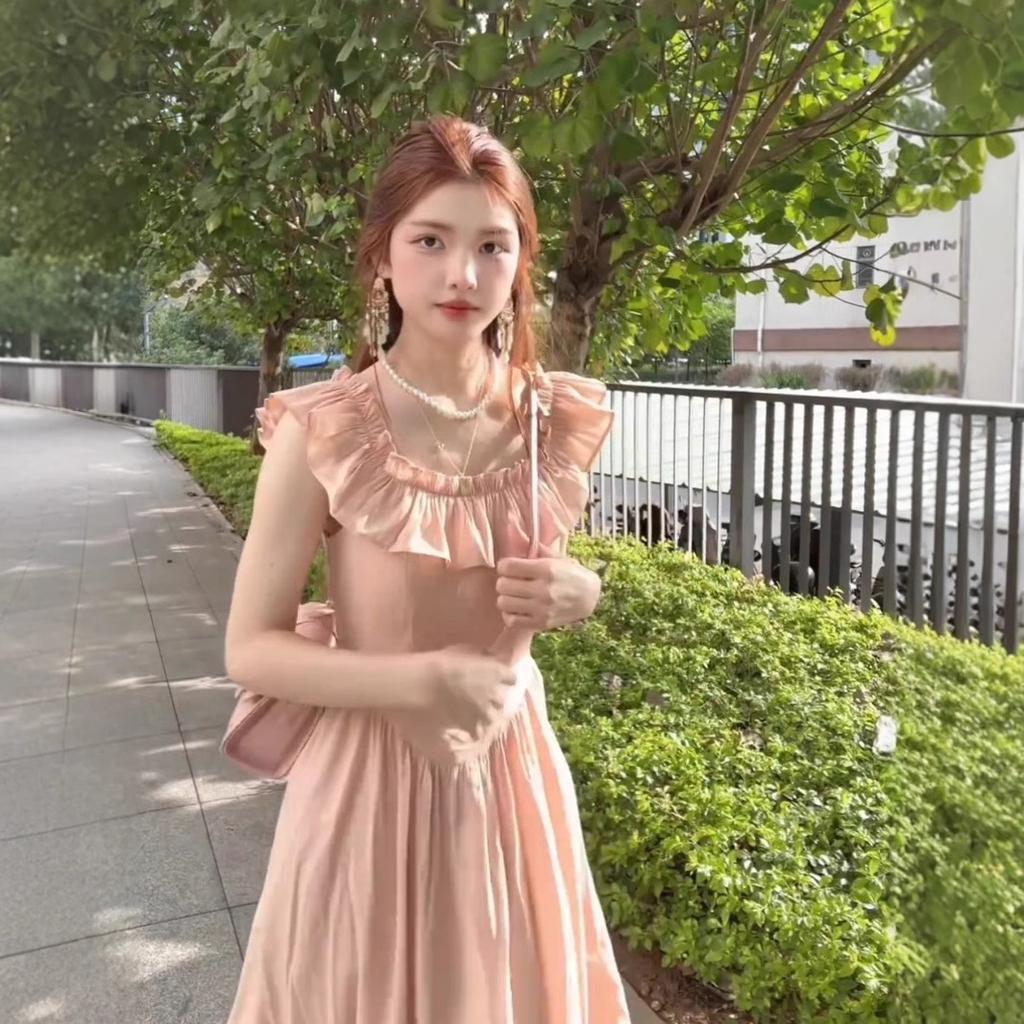 French Ruffle Leaf Edge Small Flying Sleeve Chiffon Dress Women's Spring and Summer New Korean Square Collar Temperament Pink Long Skirt