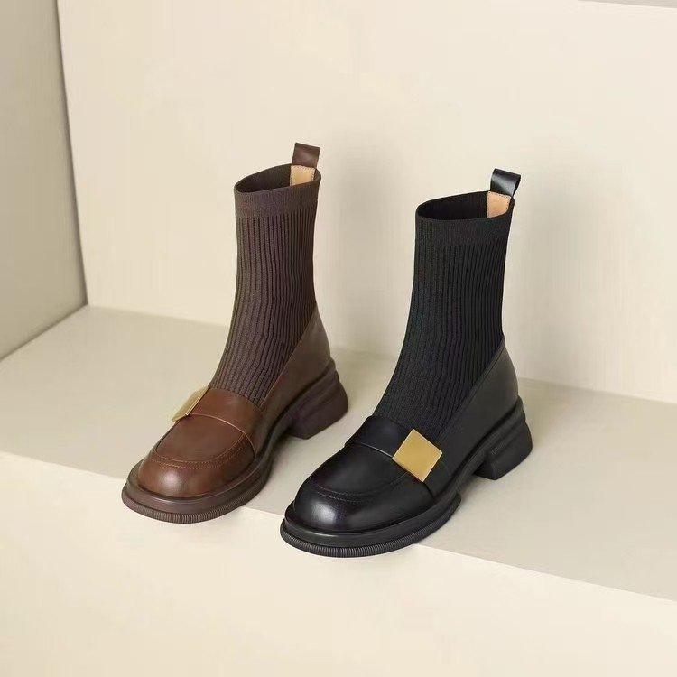 Knitted Elastic Thick Heel Thin Boots Women's 2025 Autumn and Winter New Loafers Short Boots Martin Boots Medium Heel Retro Socks Boots