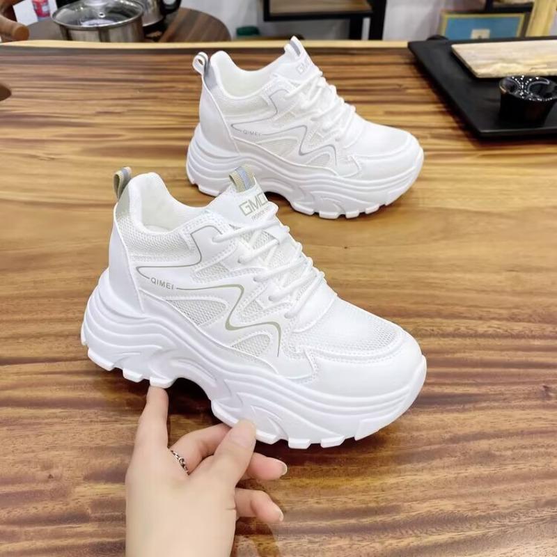 Casual Women Thick-soled Sneakers Fashion Spring Autumn  PU Lace-up Vulcanized Shoes Mesh Rubber Non-slip New