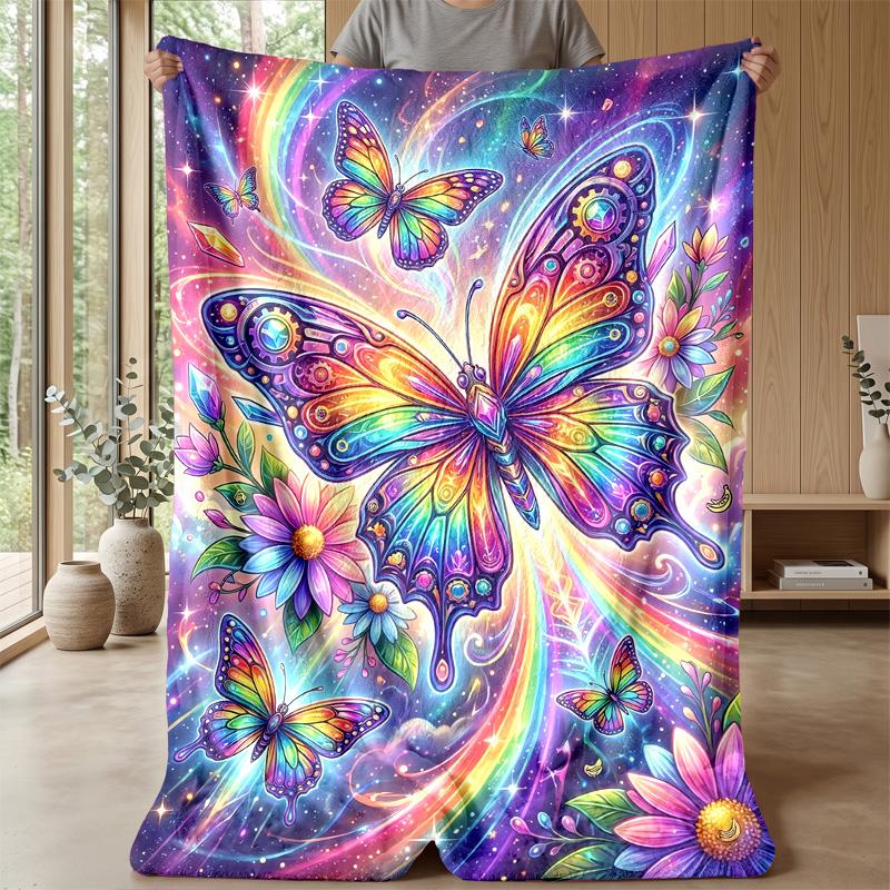 Rainbow Butterflies and Flowers Theme Blanket Lightweight Warm Flannel Blanket Decorative Throw Blanket for Home Decoration