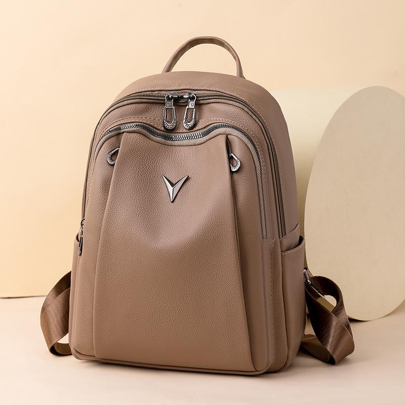 Leather Backpack Women's Solid Color Large Capacity Travel Backpack