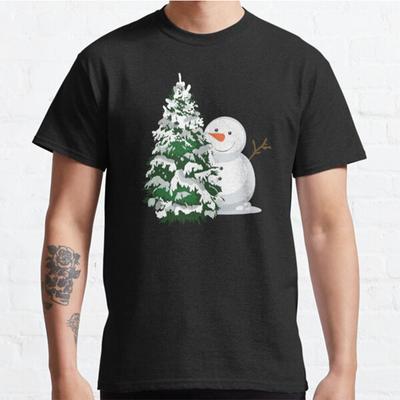 Plus Size S-3XL Świąteczny Bałwan Za Śnieżną Choinką Nadrukowany T-shirt Męskie Topy Modna Odzież Koszulki