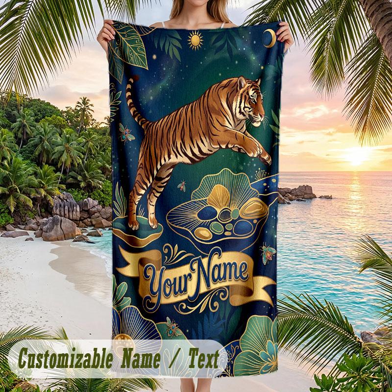 Tiger Dragon Fantasy Theme Quick Dry Beach Towel Custom Name Text Print Large Sand Resistant Towel Beach Vacation