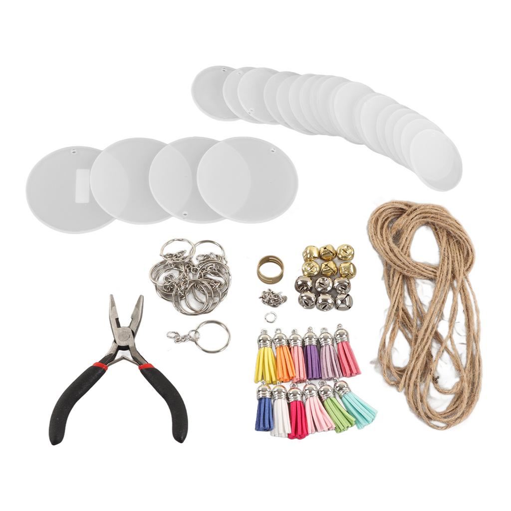 75 Pcs Keychain Blanks Tassel Set Double Sided Dye Sublimation Acrylic Blanks Tassel Key Rings Pliers Bell Twine DIY Kit