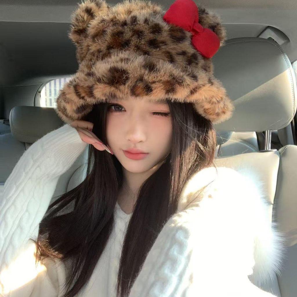 Korean Leopard Print Plush Bucket Hat for Women - Warm, Fluffy, Ear Protected, Large Fit for Autumn/Winter