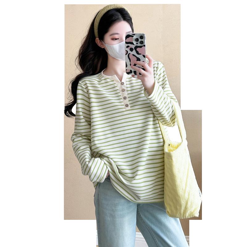 2026 Spring/Summer V-Neck Striped Casual Long Sleeve T-Shirt for Pregnant Women