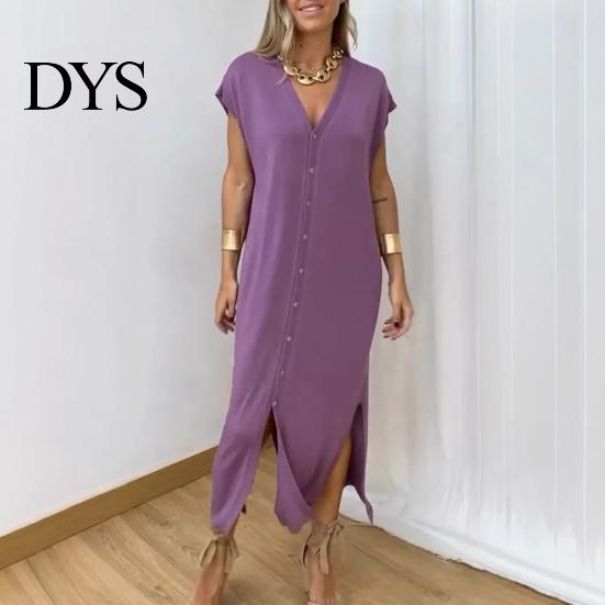 Loose Fit Solid Color Dress Womens Summer Casual Short Sleeve Midi V-neck Comfortable Lightweight Button Down Shirt for Daily Life Dating Work