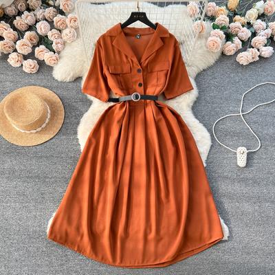 Dress for Women Turn-down Collar Solid Color A-line Streetwear Woman French Chic Summer Vestidos De Mujer Belt Woman Dresses