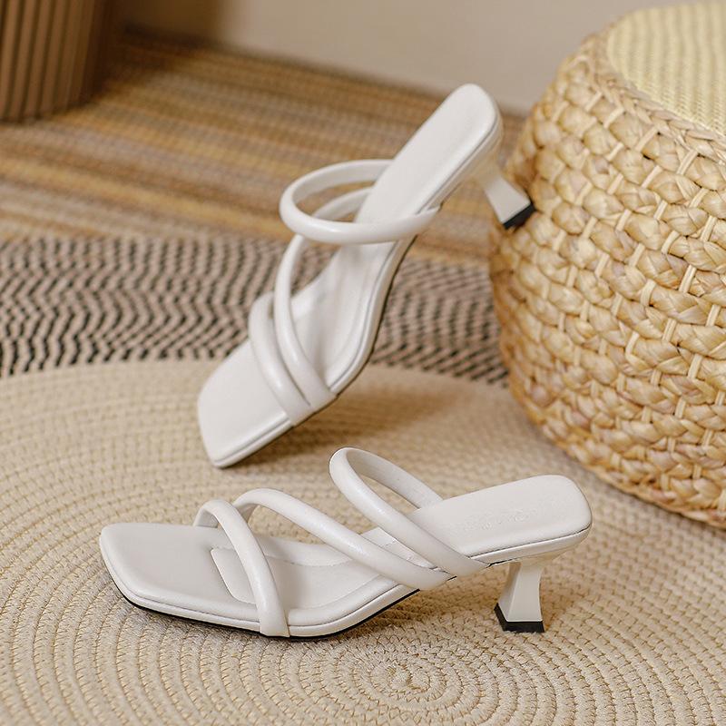 Slippers Women's Outer Wear Fashion 2025 New Summer Square Head High Heels Women's Thin Heels Fairy Wind One-word Cool Slippers