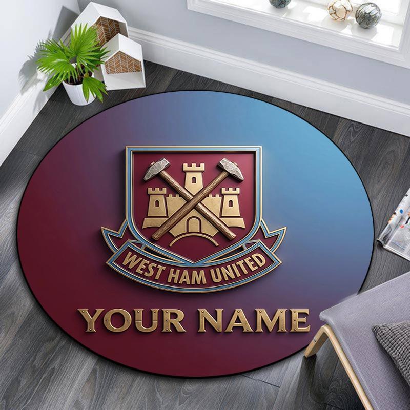 Custom Name West Ham United Round Area Rug,Carpet Rug for Living Room Bedroom Sofa Playroom Decor,Non-slip Floor Mat