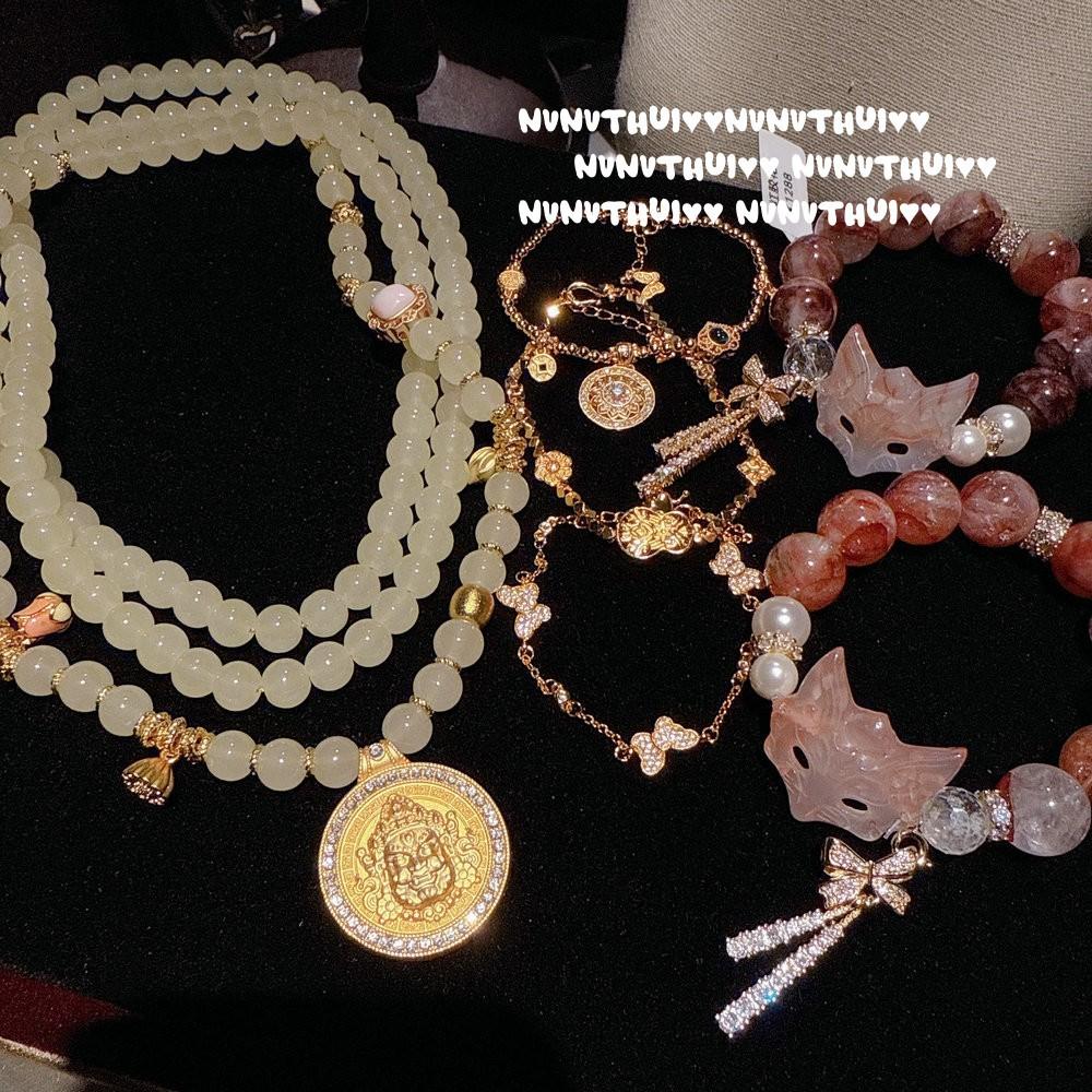 Flower Silk Liu Color Red Glue Flower Fox Small Waist Crystal Flower Bracelet, New Chinese Style, Yellow God Of Wealth Blessing Bead Sweater Chain