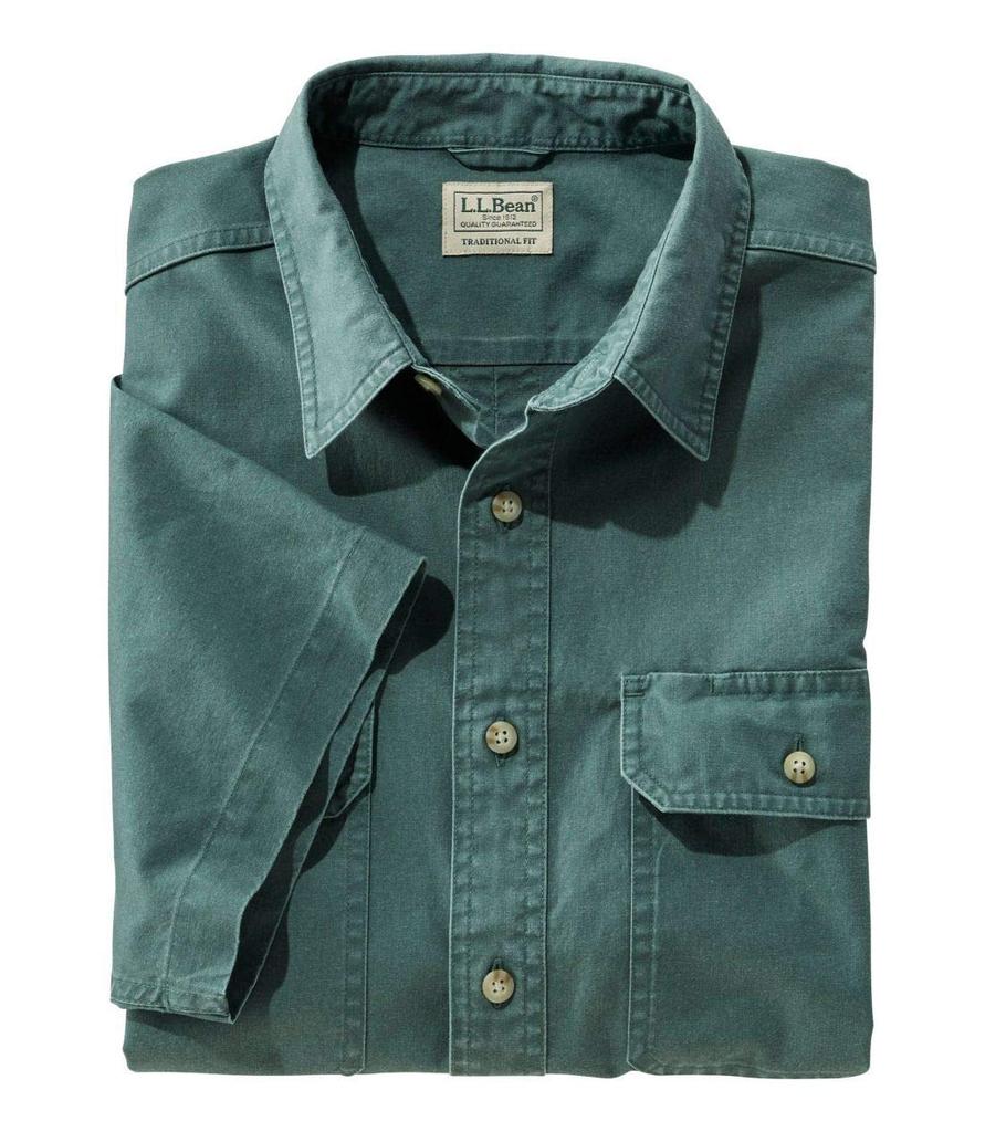 LL Bean Men's Sunwash Canvas Shirt, Short Sleeve, Japan Fit, Size L, Juniper Green, 1000031937