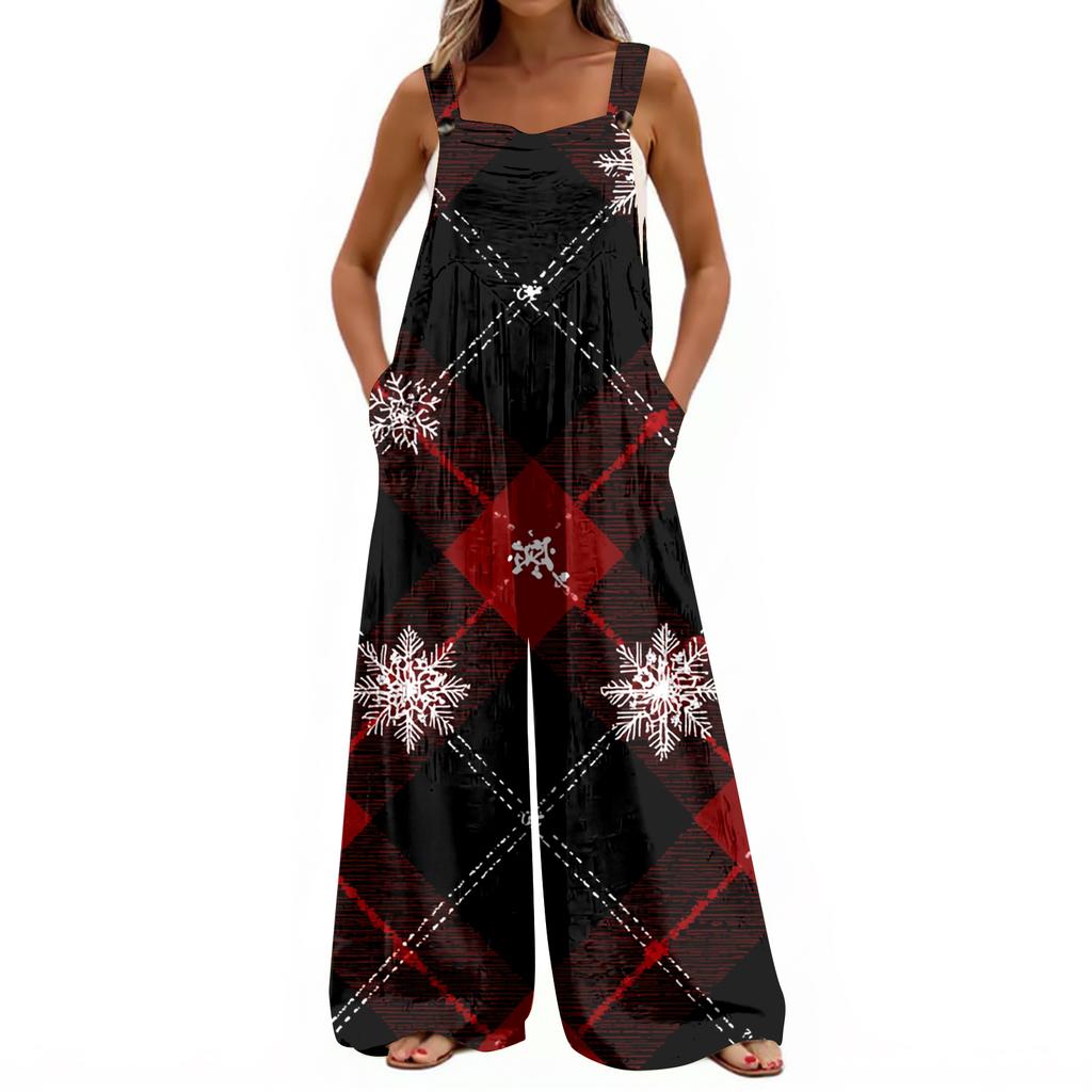 Women's Christmas Print Solid Wide Leg Strapless Tank Pocket Casual Onesie