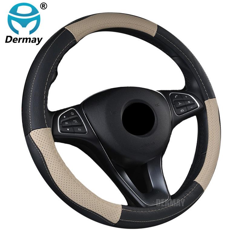 DERMAY Genuine Leather Steering Wheel Cover 5Colors Size M Fit Outer Diameter 37-38cm Standard Steering Wheel Free Shipping