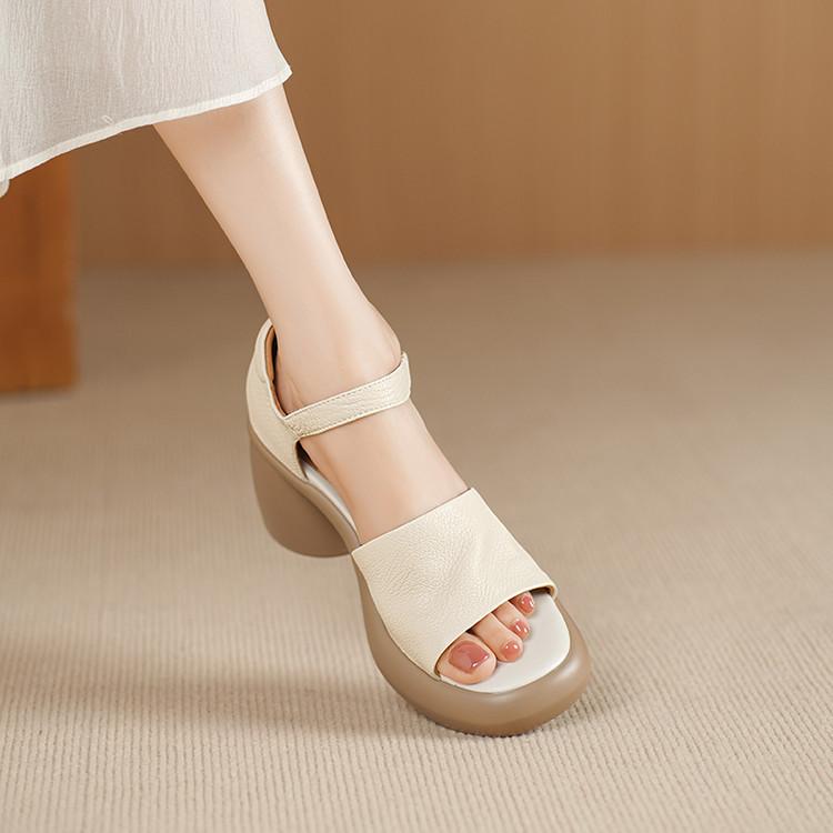 7Cm Retro Leather High-heeled Open-toed Sandals Women's Summer New Thick-heeled Thick-soled Leather One-word Buckle with Roman Sandals~