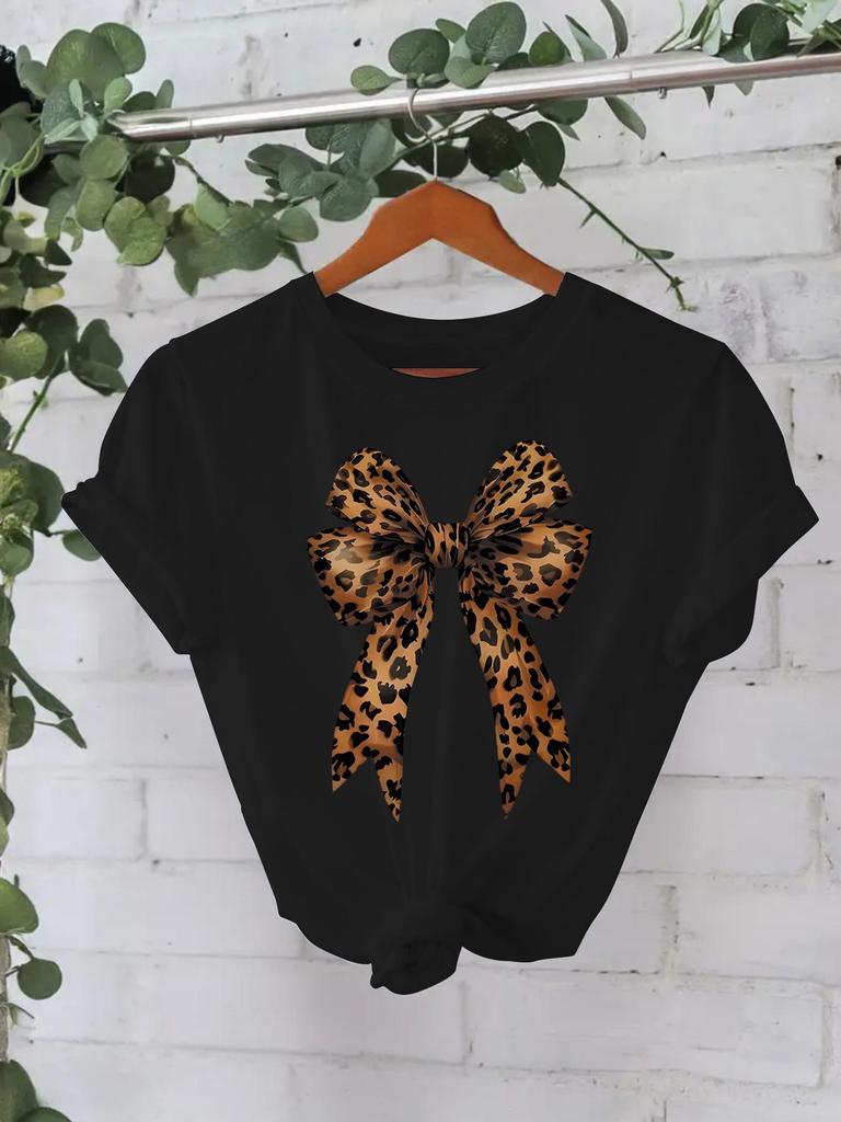 European and American High-End Leopard Print Bow-Knot T-Shirt: Women's Round Neck, Loose Short Sleeve