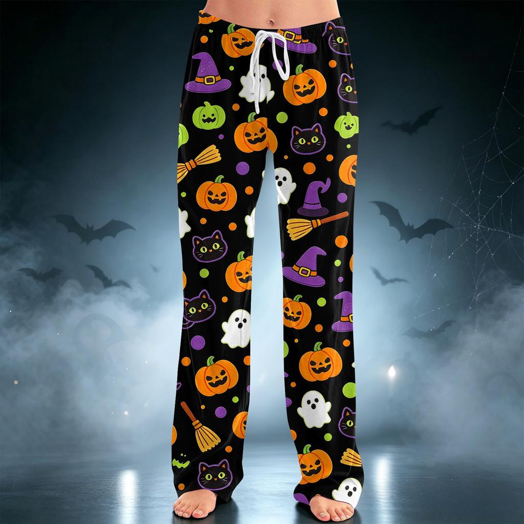 Women's Halloween Print Drawstring Wide Leg Pants for Casual Home Wear