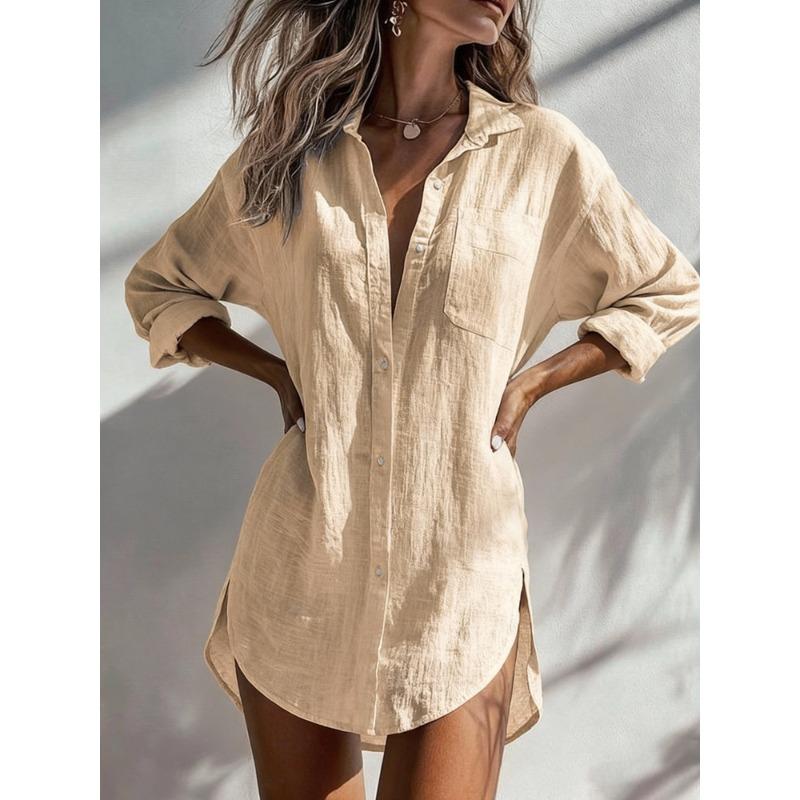 Women's Oversized Lapel Long Sleeve Solid Color Mid Length Shirt Casual Loose Blouse Tunic Top