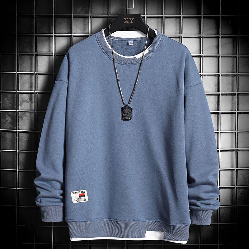 Men's Trendy No-Hood Round Neck Pullover: Autumn/Winter Long-Sleeved Fake Two-Piece Loose Fit Hoodie