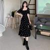 European and American style chiffon large size fat MM high waist waist black floral waist floral split bubble sleeve dress women