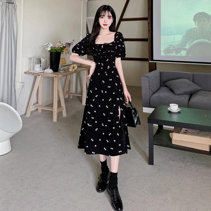 European and American style chiffon large size fat MM high waist waist black floral waist floral split bubble sleeve dress women