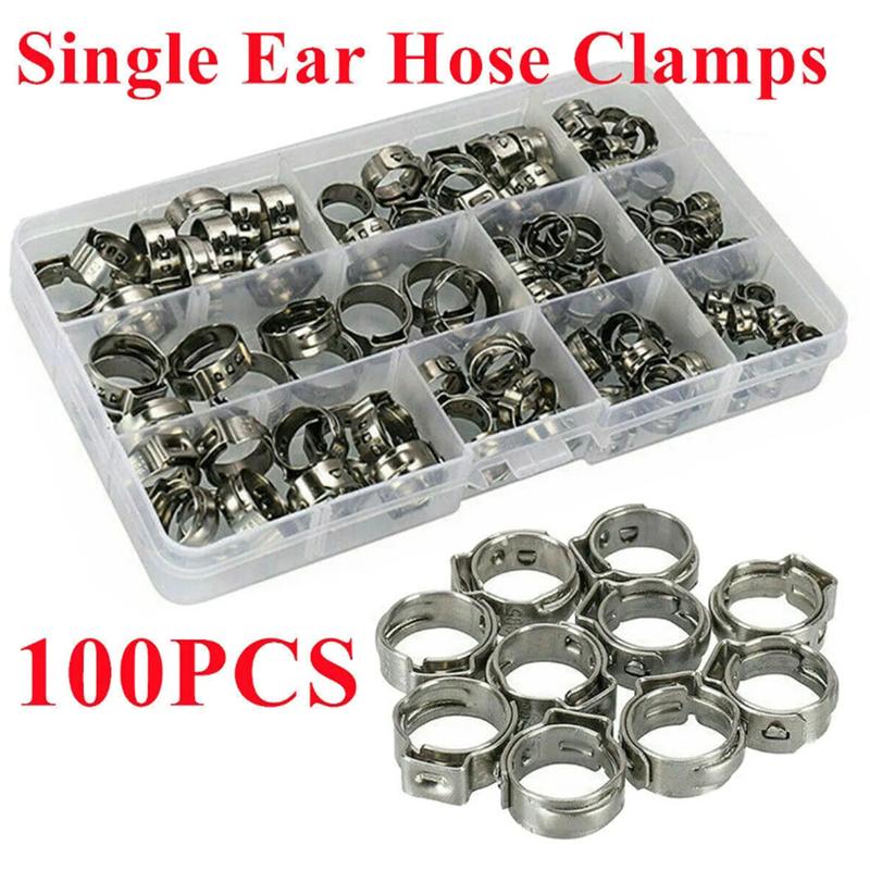 100pcs Single Ear Hose Clamps (5.3-15.3mm) 304 Stainless Steel O Fuel Pipe Clip Hose Set for Auto/Home Appliance/Pipe/Fuel Line