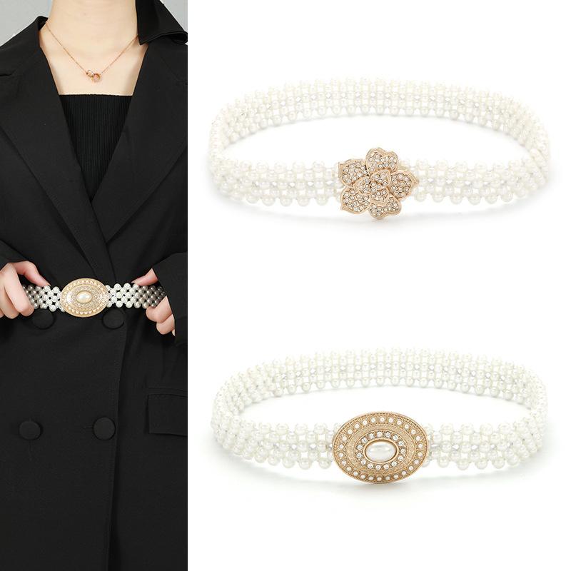 Ladies' Elastic Thin Waistband With Pearl  Waist Chain Simple Korean Style Drawstring Belt Women Apparel Accessories