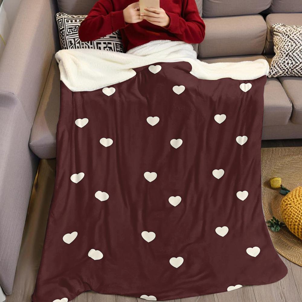 Burgundy Background Cream Heart Flannel Blanket Warm Soft Halloween Christmas Couch Warm Cozy Decorative Decor For All Season