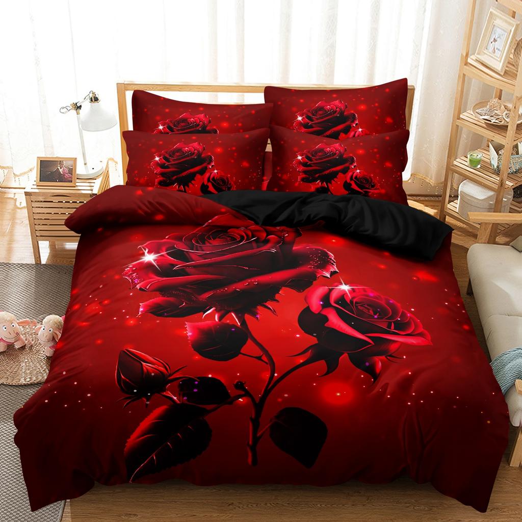 3pcs Red Rose Floral Printing Duvet Cover Set, Suitable For Bedrooms And Guest Rooms. Soft And Comfortable Duvet Cover