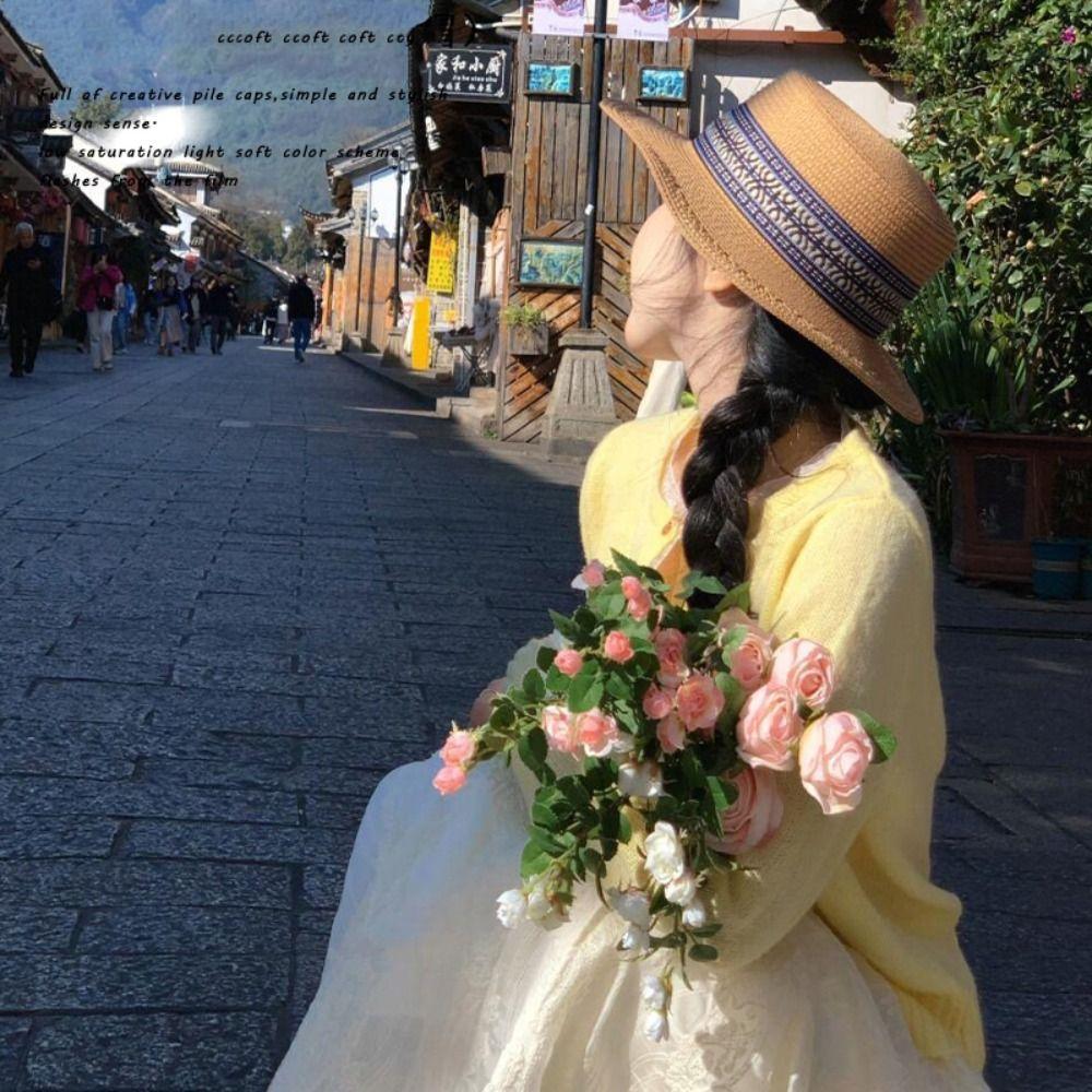 Ethnic Style Weave Straw Hat UV Protection Outdoor Visor Cap Fashion Beach Hat  Outdoor