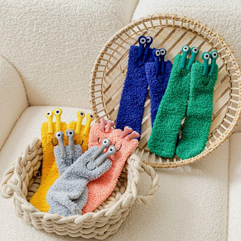 Cartoon Funny Tube Socks 3D Eyes Furry Plush Sock Kawaii Coral Fleece Socks  Girls