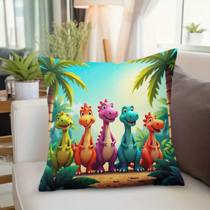 1Pc Cartoon Dinosaur Family Print Throw Pillow Cover,Suitable For Sofa,Bedroom,Kids Room,A Playful Gift For Little Dino Lovers