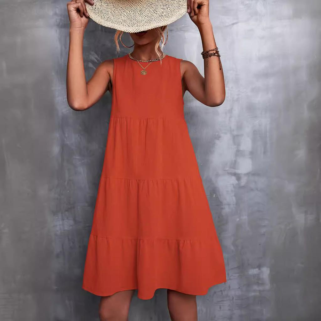 QICED Spring Summer Solid Color Print Sleeveless O-Neck Loose Swing Patchwork Cake Dress