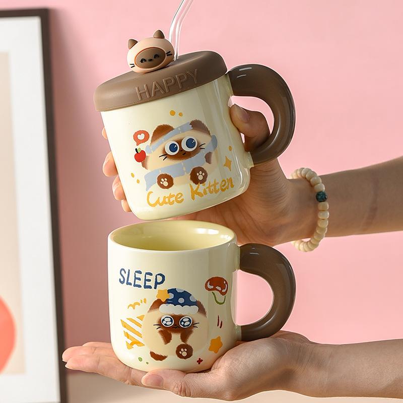Kitten Couple Ceramic Mug with Lid Cup with Straw Water Cup Female Office Worker Cute Student Drinking Water for Home Use