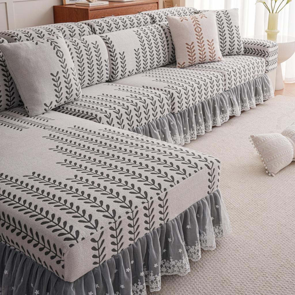 1Pc Wheat Jacquard Stretch Polar Fleece Sofa Cover With Lace Ruffle Hem Contrast Colour Sofa Slipcovers For Living Room Couch