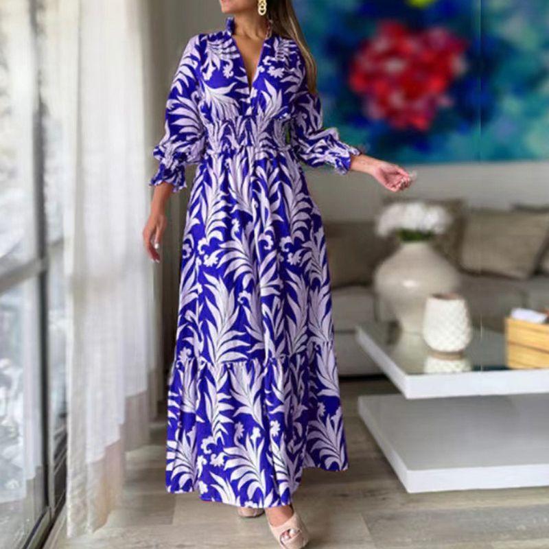 

Bohemian Deep V-neck Long-Sleeve Dress Pullover Blue S