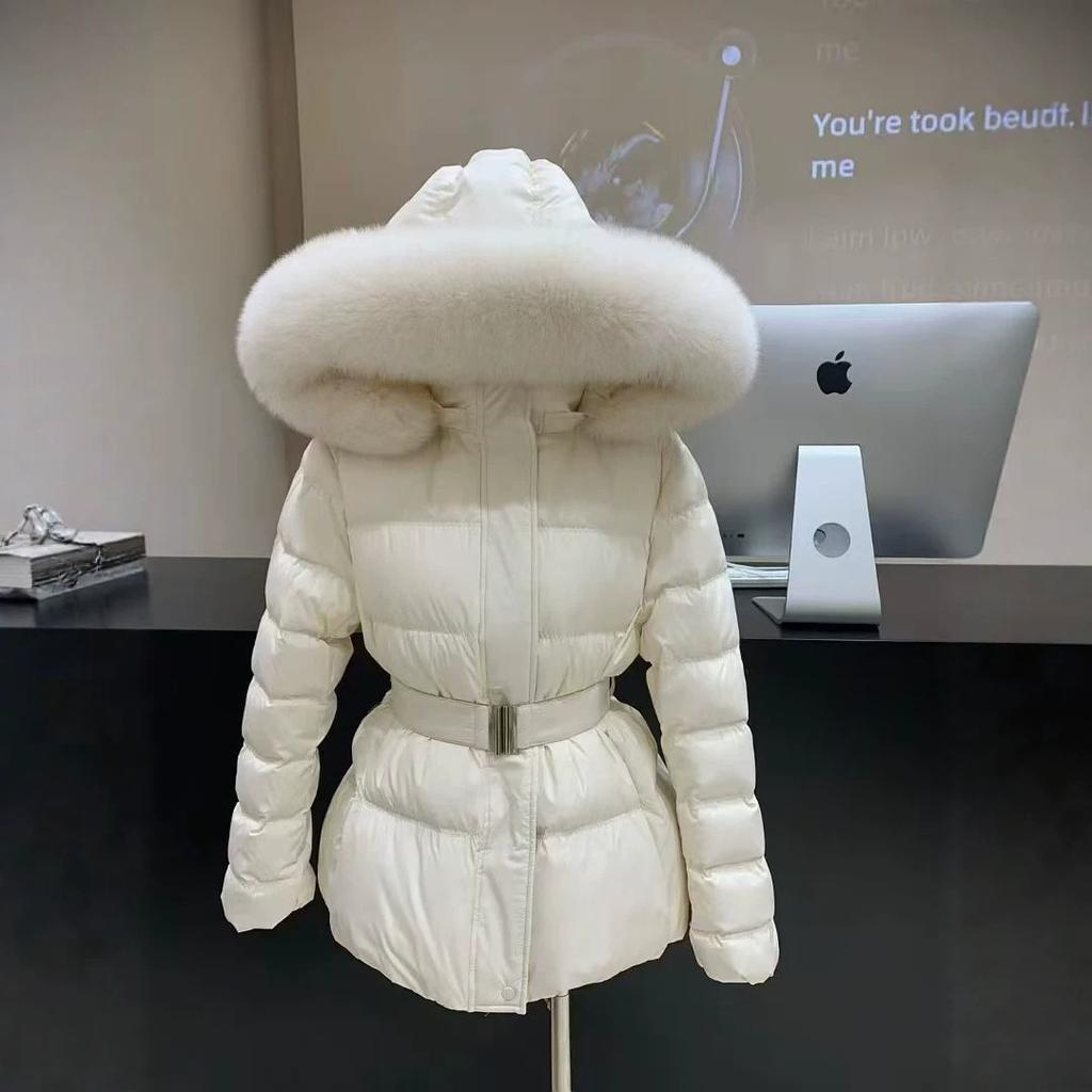 Winter new removable natural real fox fur collar down jacket women's medium and long lace-up waist warm jacket