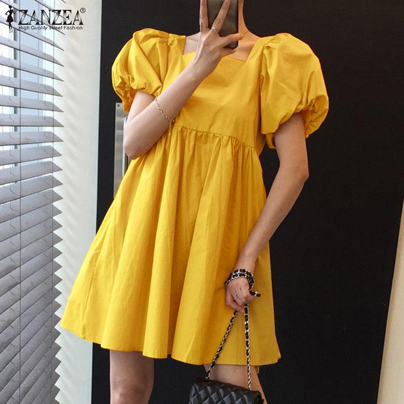 

ZANZEA Лето Повседневный квадратный воротник Пышный рукав Женщины Короткое платье