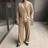 Autumn Mens Velvet Two Piece Set V Neck Long Sleeve Tops and Wide Leg Pants Casual Loungewear Suits