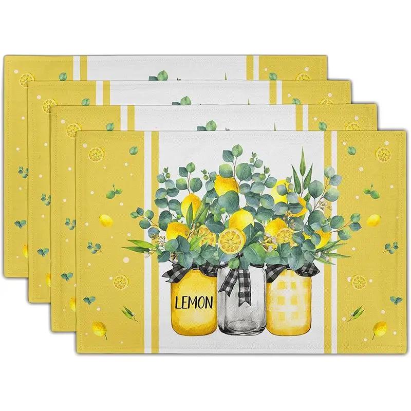 1PC Sunflower Placemats Linen Buffalo Check Plaid Autumn Leave Table Place Mat for Farmhouse Thanksgiving Kitchen Dining Decor