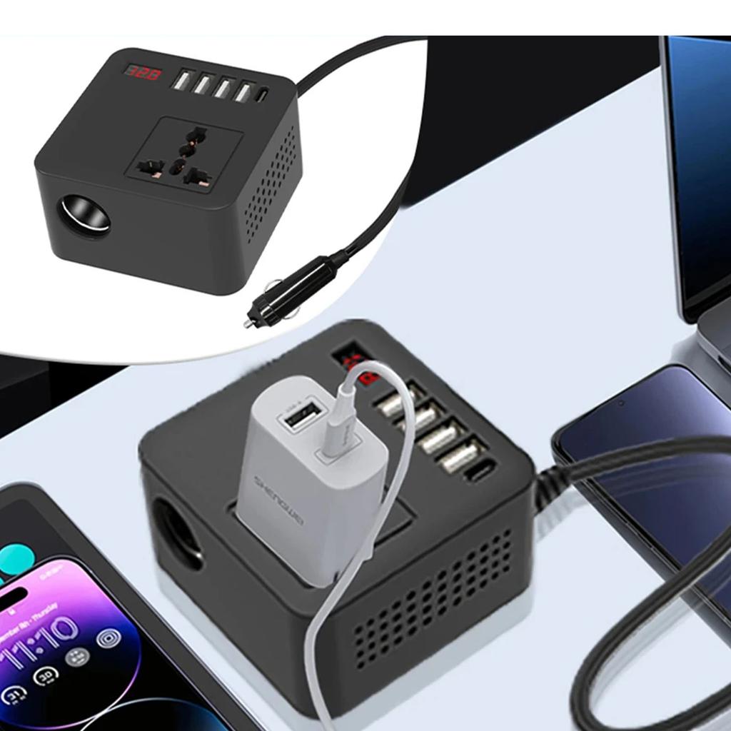 Efficient 12V 24V To 110V 220V Electricity Changer with 4 USB Ports & Type C Automotive Power Adapter for Road Trips