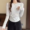 Spring new solid color bottoming shirt women's card waist pleated front shoulder long-sleeved shirt curved hem inner top
