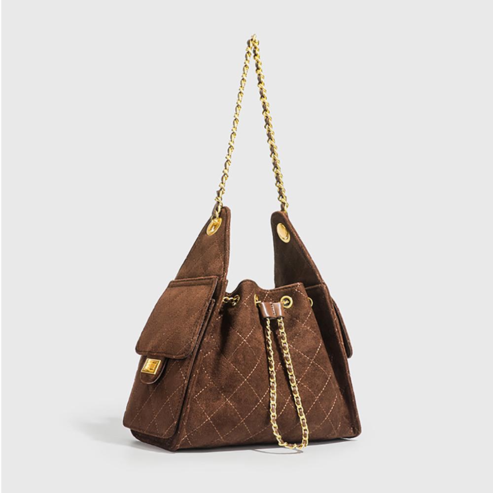 Fall Winter Women Quilted Chain Bucket Bag Trendy Style Faux Suede Handbag Fashion Shoulder Crossbody Ladies Purse
