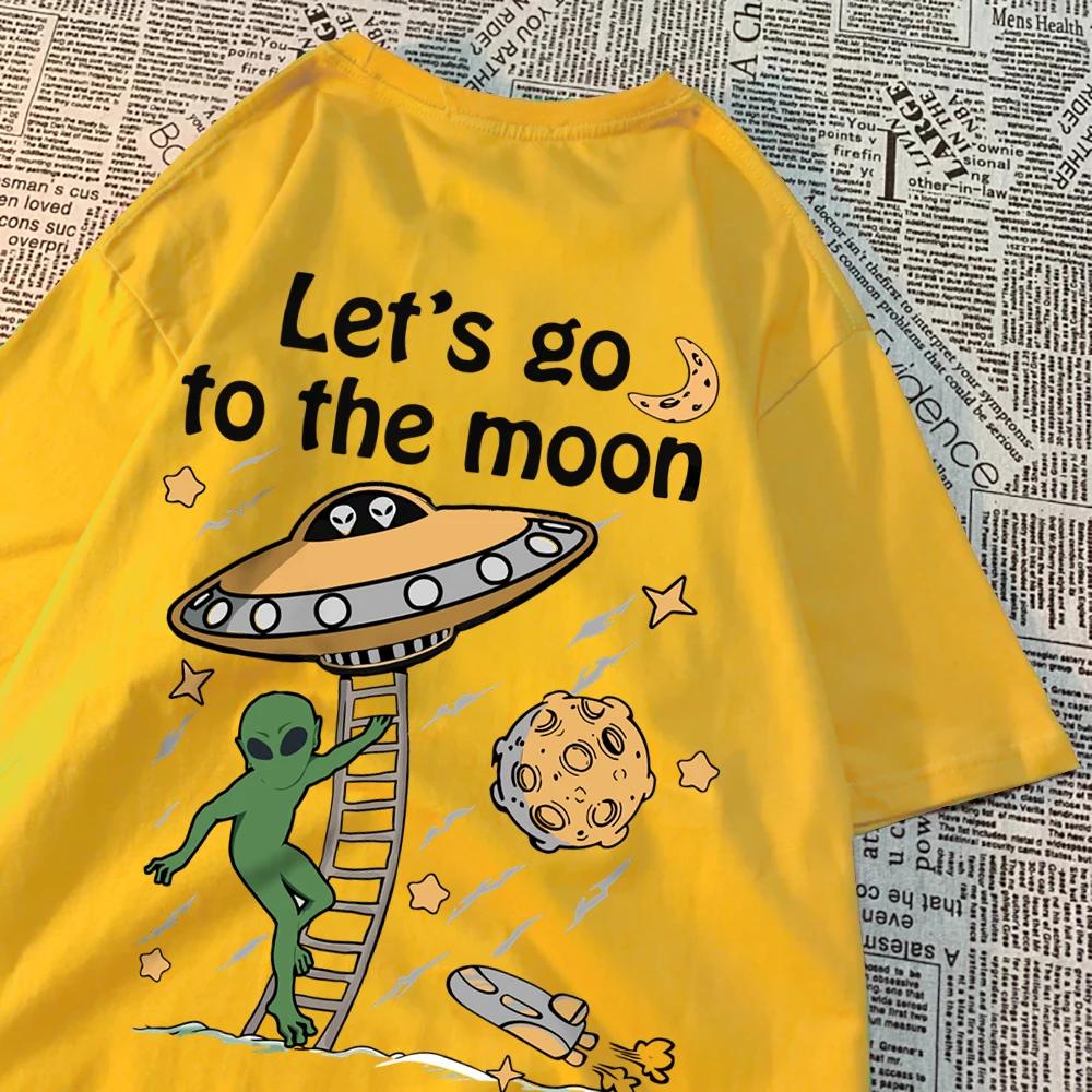 Let'S Go To The Moon Alien Ufo Mens T-Shirt Cotton Loose Tops Loose Crewneck T Shirts Casual Breathable T Shirt Couple Clothes