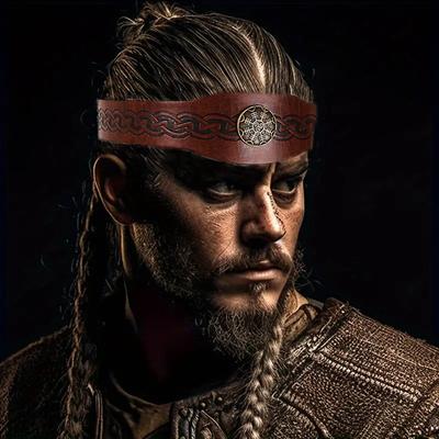 Medieval Mens Halloween Vintage Viking Pirate Print Headdress Celtic Crown PU Leather Role Play Props Accessories